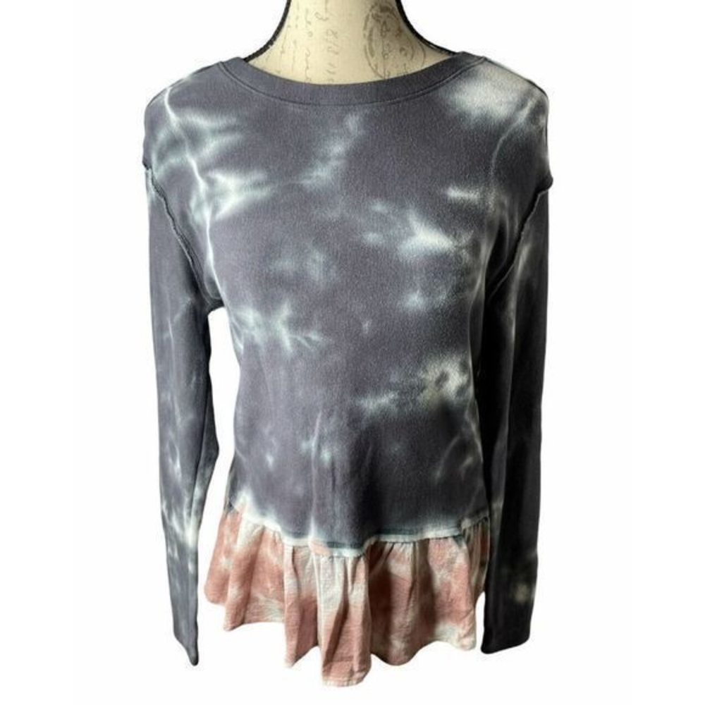 Altar'd State Size Small Purple Tie Dye Ruffle Trim Long Sleeve Top Soft